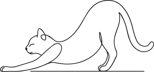 Simple line drawing of a cat stretching its body and front legs forward isolated on white background