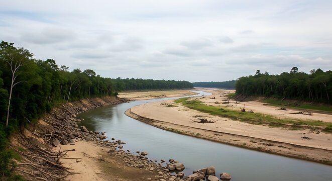 The sandy banks of the rio pilcomayo in the gran chaco region, south america, showing the rivers winding course through the landscape