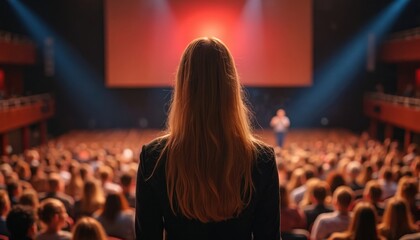 Woman faces large auditorium crowd from stage during presentation. Speaker addresses audience at conference. Blurred background highlights performer.