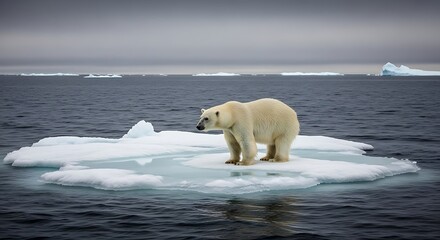 Naklejka premium Polar bear standing on a melting ice floe in the arctic ocean, illustrating the effects of climate change and global warming on wildlife