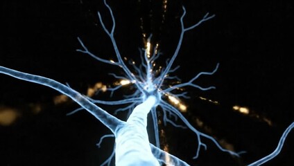 Illustration of a neuron with dendrites and axon showing electrical impulses on a black background - Powered by Adobe