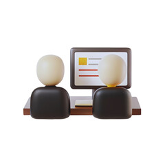 Two faceless stylized people figures sit at a wooden desk viewing a computer monitor displaying information