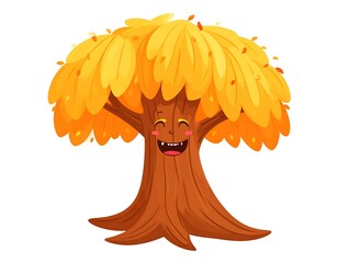 A cheerful cartoon tree with a big smile and vibrant yellow-orange foliage, set against a white background. The tree is anthropomorphic