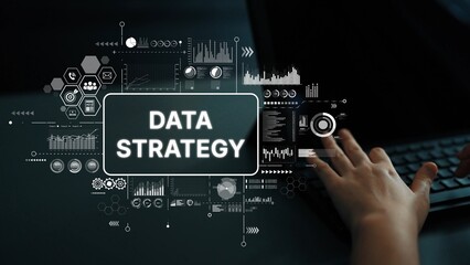 Hands Engaging with Technology Featuring Data Strategy and Digital Graphical Elements for Analysis and Visualization. Asymptotic smart data analytic.