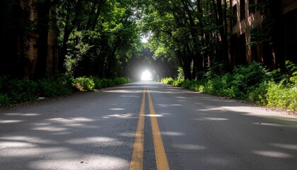 Fototapeta premium Mysterious Road Leading Through a Verdant Tree Tunnel Towards a Distant Bright Light