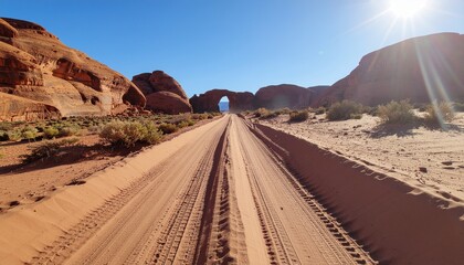 Sandy Off-Road Track Leading Through Majestic Desert Landscape to Natural Rock Arch
