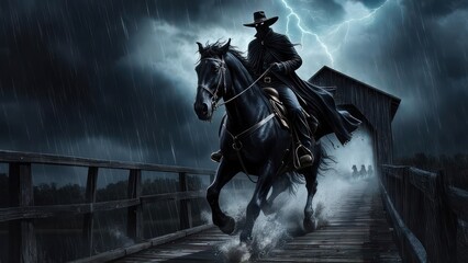 Naklejka premium Figure on horseback rides bridge during storm, lightning strikes, dark cloak, eerie, and foreboding