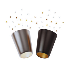 Two metallic cups with gold and white particles exploding upwards celebrate a joyous occasion
