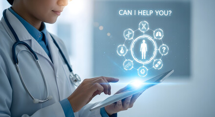 Doctor using tablet with futuristic medical interface and icons