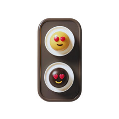 Two round smiling faces with heart shaped eyes on plates in a dark brown tray