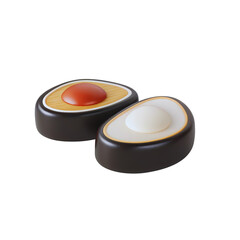 Two stylized 3D avocado halves with red and white fillings sit side by side on