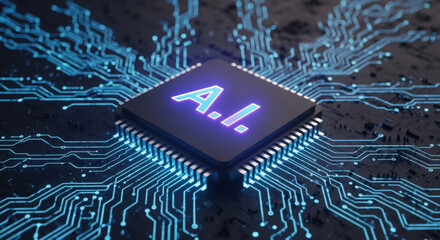 AI Processor Core: Advanced Artificial Intelligence Microchip with Glowing A.I. Symbol and Intricate Circuitry for Next-Generation Computing and Machine Learning