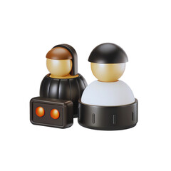 Two stylized human figures stand beside a black device with glowing orange lights