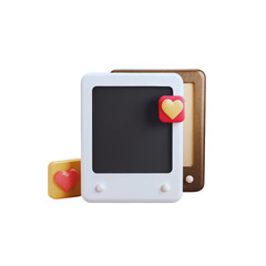 Two stylized rectangular frames with heart symbols stacked against each other on a dark background