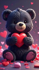 Cute Black Bear Holding Heart.
