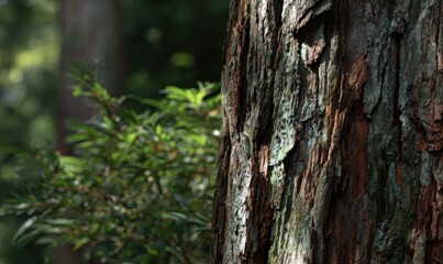 Obraz premium Close-up of a giant redwood tree trunk with rough bark and green foliage in the background