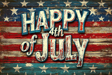 AI Generated - Poster with the words "Happy 4th of July" written in bold, white lettering against a red, white, and blue background. Commercial illustration artwork for business applications.