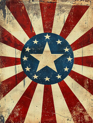 AI Generated - American flag with a star in the center, surrounded by a red, white and blue background with rays radiating outwards. Commercial illustration artwork for business applications.