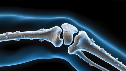 3D medical illustration of a knee joint affected by osteoarthritis or calcium deposits, on a dark background.