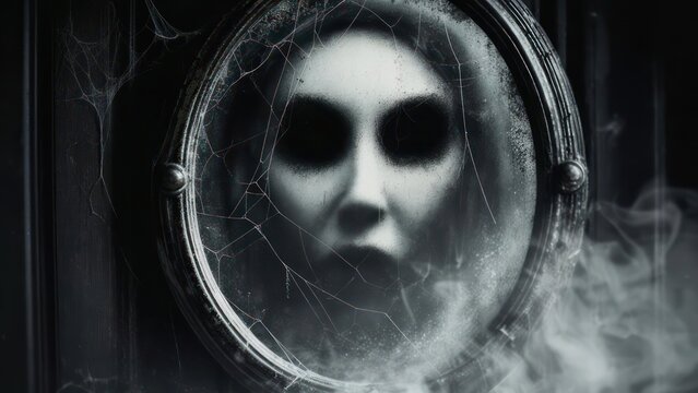 Eerie face peers from an antique mirror, shrouded in cobwebs and vapor - Powered by Adobe