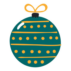 Christmas ornament, tree decoration, bauble, ball isolated on transparent. Hand drawn flat vector illustration. Traditional holiday, Xmas, New Year, seasonal design element, clip art