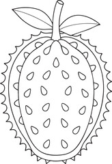 Outline drawing of soursop fruit with leaves and stem botanical tropical artwork perfect for educational design use