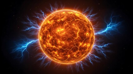 Obraz premium Fiery energetic sun with glowing plasma and crackling blue lightning bolts against a dark background