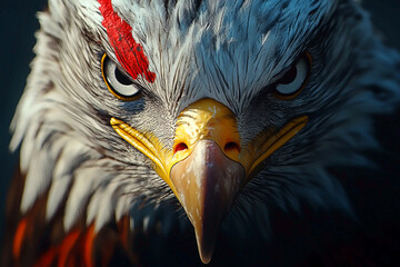 AI Generated - Close up of a bald eagle with a red beak against a dark background. Commercial illustration artwork for business applications. High-resolution. Premium quality. Professional grade.
