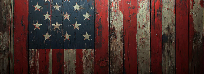 AI Generated - American flag painted on a wooden wall, with the stars and stripes of the flag clearly visible. Commercial illustration artwork for business applications. High-resolution. Premium.