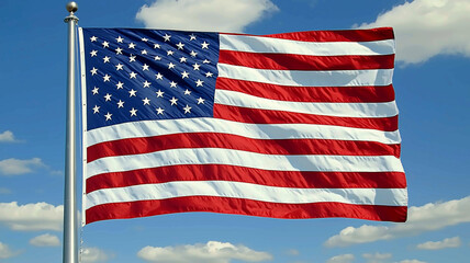 AI Generated - American flag flying high in the sky, with its iconic red and white stripes and fifty white stars. Commercial illustration artwork for business applications. High-resolution. Premium.