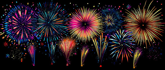 AI Generated - Vibrant display of colorful fireworks exploding in the night sky against a black background. Commercial illustration artwork for business applications. High-resolution. Premium quality.