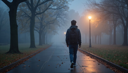 Person walking on a foggy path with trees and streetlights