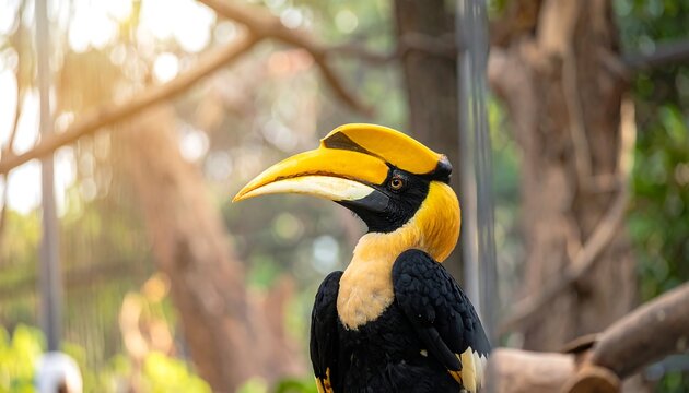 A close-up of a large bird with striking yellow casque and beak, black and white plumage. Background is blurred, featuring foliage
