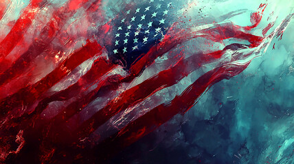 AI Generated - American flag on a blue background, with the stars and stripes of the flag clearly visible. Commercial illustration artwork for business applications. High-resolution. Premium quality.