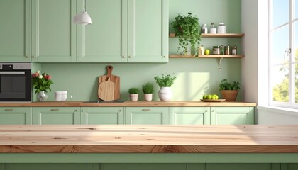 Green Kitchen Cabinets with Wooden Countertop.