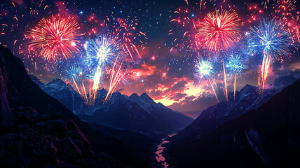 AI Generated - Beautiful night sky filled with vibrant fireworks exploding over a mountain range, with a river running through the foreground and clouds in the background. Commercial illustration.