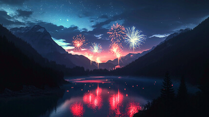AI Generated - Lake surrounded by trees and mountains, illuminated by fireworks in the night sky. Commercial illustration artwork for business applications. High-resolution. Premium quality.