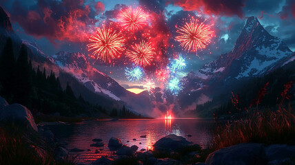AI Generated - Beautiful night sky illuminated by fireworks in the mountains, with a lake in the foreground surrounded by rocks, grass, plants, and trees. Commercial illustration artwork for business.