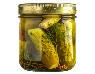 Glass Jar of Pickled Cucumbers with Dill and Garlic, Front View, isolated on transparent background