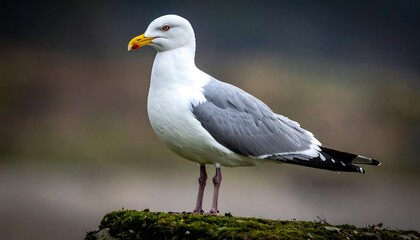 A close-up portrait showcases a seagull perched on a mossy surface. The bird's white chest and grey wings stand out. It has a yellow beak