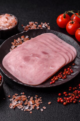Meat, square ham sliced, organic food, protein for snacks. Sliced ham as a background