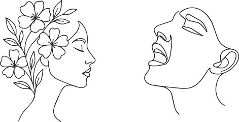 woman faces with flowers line art