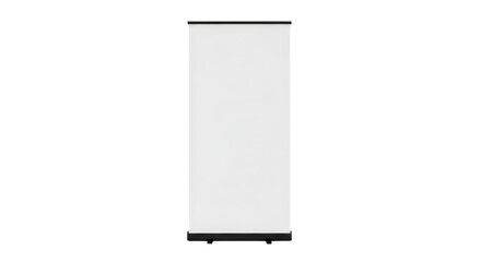 A blank white rollup banner stand with a black base isolated on transparent background