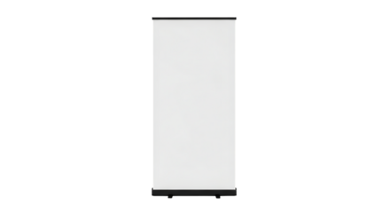 A blank white rollup banner stand with a black base isolated on transparent background