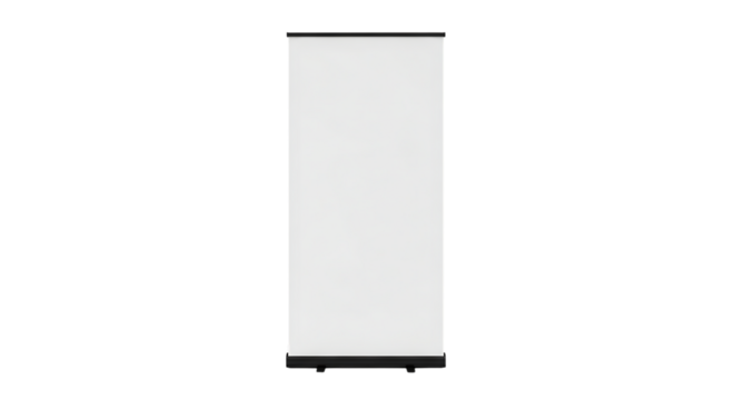 A blank white rollup banner stand with a black base isolated on transparent background