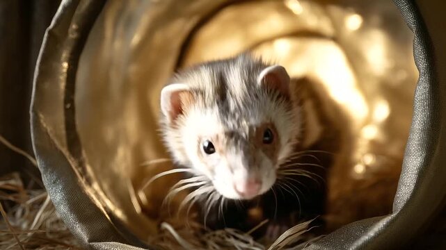 A ferret explores tunnels, the playful scene illuminated by gentle light. Ferret, tunnels, with copy space