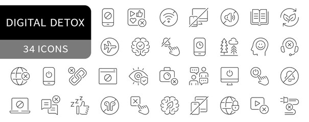 Digital detox simple icons set. Offline, no phone, no gadgets editable stroke icon. vector