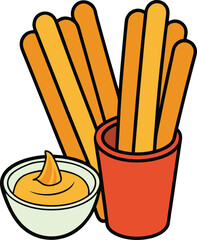 Churros With Dipping Sauce Delicious Snack Art Vector illustration