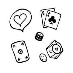 Doodle style illustration of playing cards, dice, and poker chips