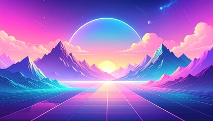 Colorful Retro Road Through Mountains.